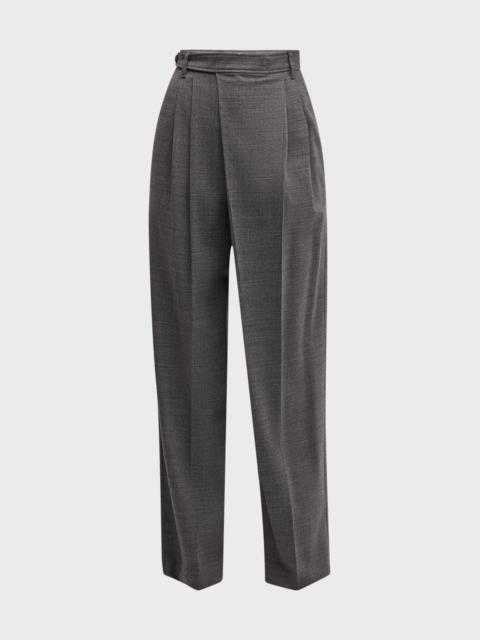 Stretch Wool Grisaille Crossover-Waist Wide-Leg Trousers