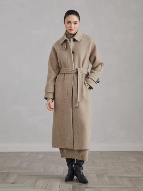 Hand-crafted virgin wool and cashmere double chevron cloth trench coat with shiny details