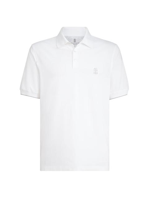 Brunello Cucinelli Men's Cotton Piqué Polo Shirt with Logo - White