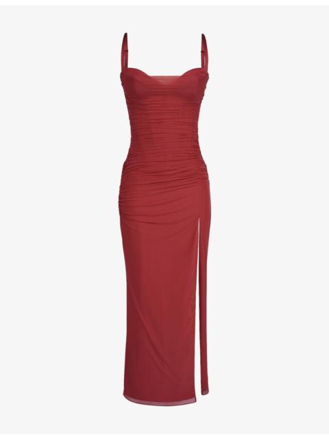 House of CB Lini Corset-Bodice Stretch-Mesh Maxi Dress