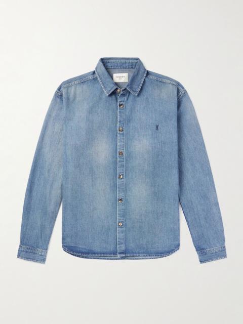 SAINT LAURENT Logo-Embroidered Denim Shirt Blue