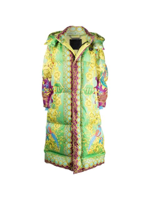 baroque-print long padded jacket