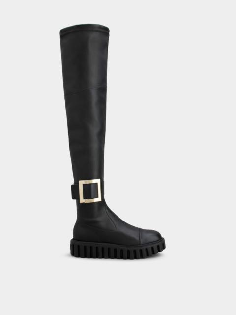 Roger Vivier Viv' Go-Thick Metal Buckle Stretch Cuissard Boots in Soft Leather