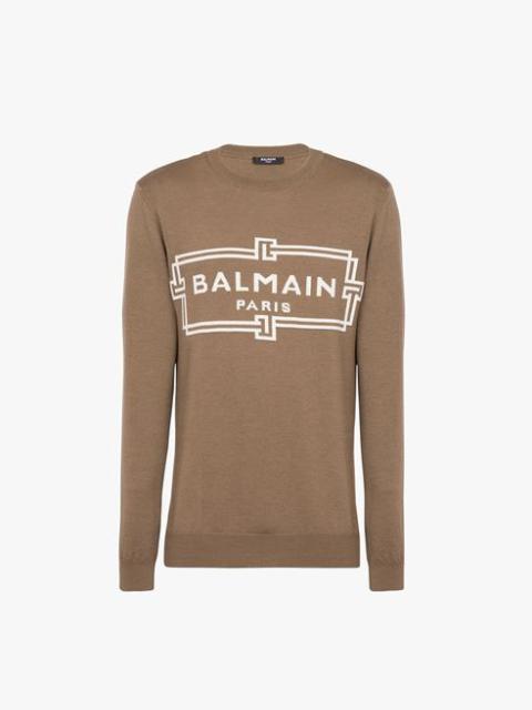 Taupe wool sweater with ecru Balmain Paris logo