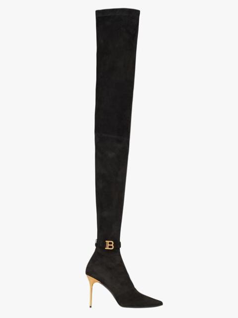 Black stretch suede Raven thigh-high boots with monogram strap