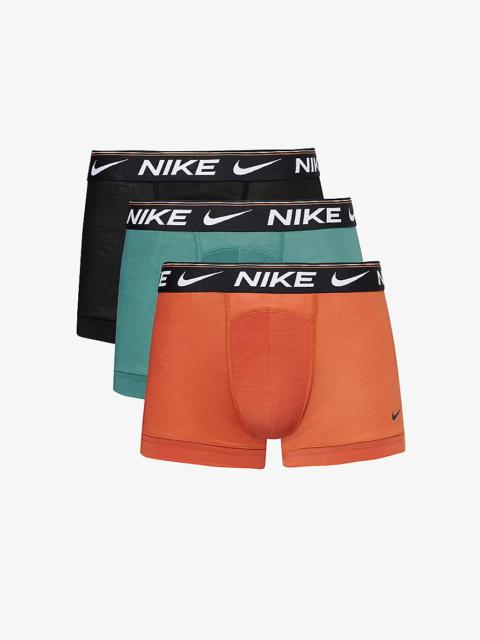 Logo-waistband pack of three stretch-recycled polyester trunks