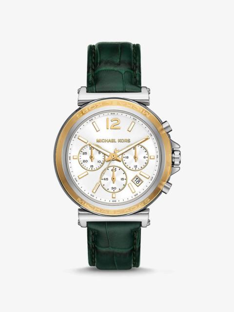 MICHAEL KORS Oversized Maren Silver-Tone and Crocodile Embossed Leather Watch