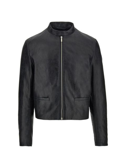 band-collar leather jacket