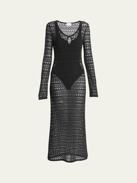 Poros Scoop-Neck Long-Sleeve Crochet Knit Maxi Dress