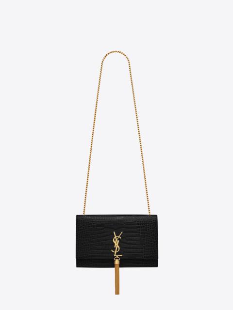 kate medium chain bag with tassel in crocodile-embossed shiny leather