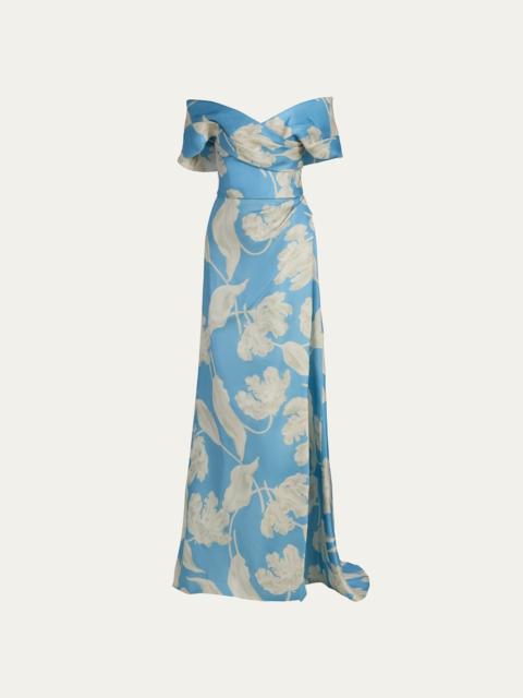 Monique Lhuillier Off-The-Shoulder Floral Gazar Trumpet Gown