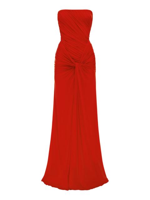 ALEX PERRY Strapless Ruched Twist Gown In Viscose Jersey red