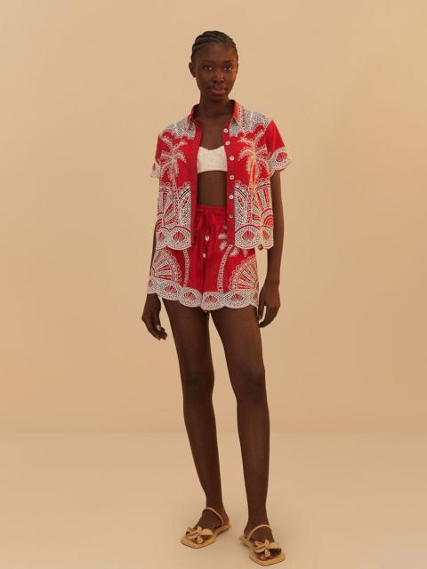 FARM RIO Red Palm Trees Embroidered Organic Cotton Shirt