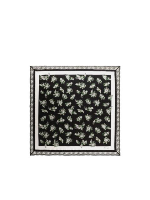 Dolce & Gabbana 90x90 small flower bouquet-print silk twill scarf with lace insert