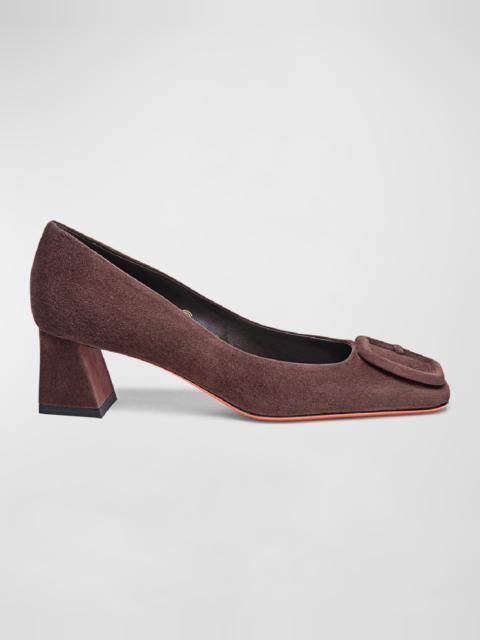 Santoni Suede Buckle Block-Heel Pumps