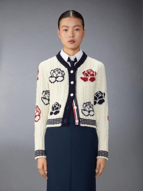 Thom Browne Donegal Cable Check and Rose Cropped Crew Neck Cardigan