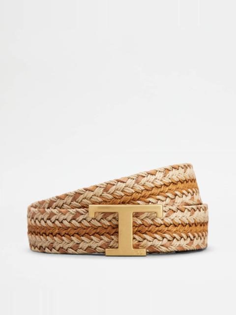 T TIMELESS BELT IN LEATHER AND FABRIC - BROWN, BEIGE