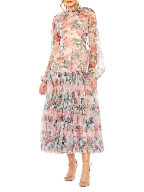 MAC DUGGAL Women's Floral Chiffon Balloon-Sleeve Midi-Dress - White Multi