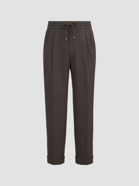 Brunello Cucinelli Men's Cotton Gabardine Trousers with Drawstring and Double Pleats - Brown