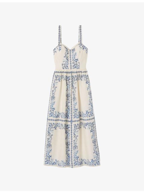 Claudie Pierlot Sleeveless Floral-Print Linen Midi Dress