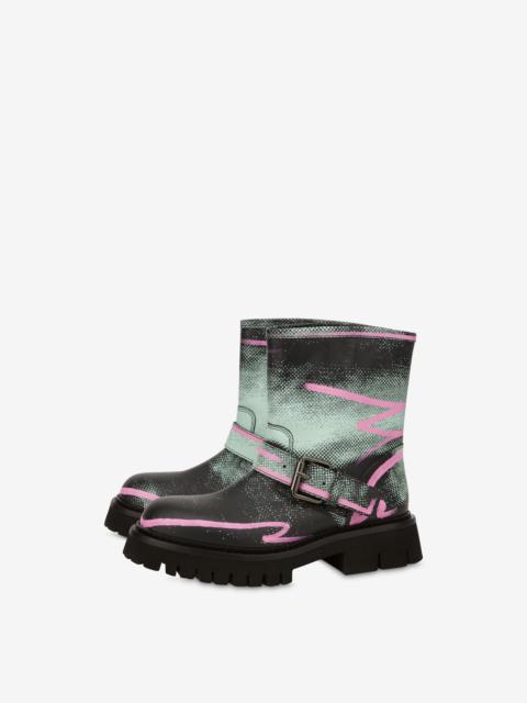 Moschino SHADOWS & SQUIGGLES CALFSKIN BIKER ANKLE BOOTS