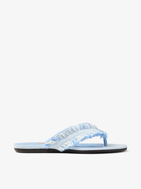 JIMMY CHOO Bay Flat Riviera Blue Mix Frayed Flecked Canvas Flat Sandals