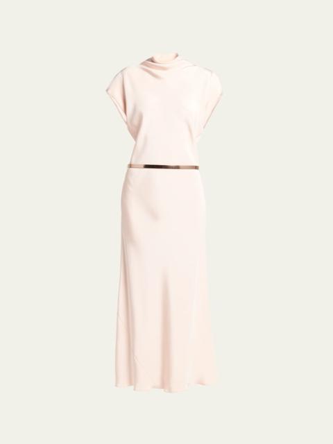 GIORGIO ARMANI Cowl-Neck Silk Crepe Maxi Dress with Leather Belt