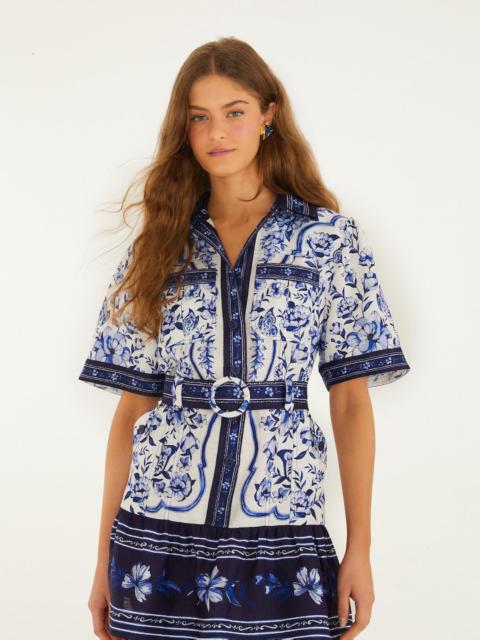 FARM RIO Off-White Porcelain Garden Euroflax Premium Linen Mini Dress