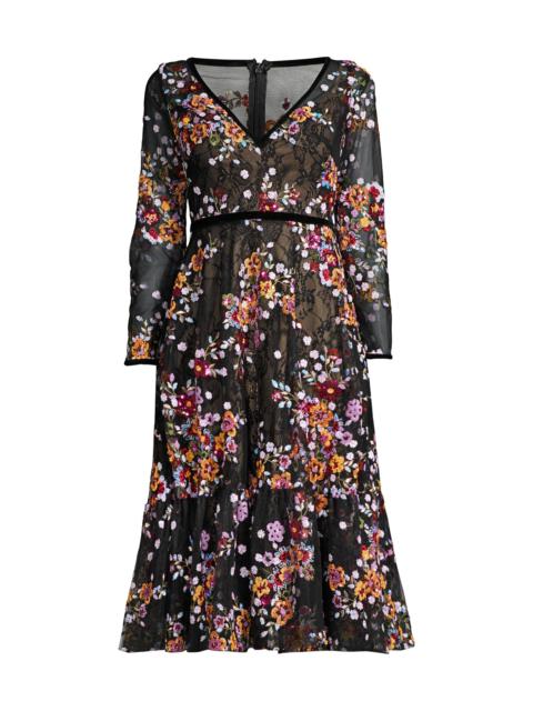 MAC DUGGAL Women's Embroidered Floral Lace Tea Dress - Black Multi