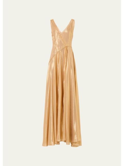 AKRIS Sleeveless Asymmetric Paneled Lamé Silk Gown