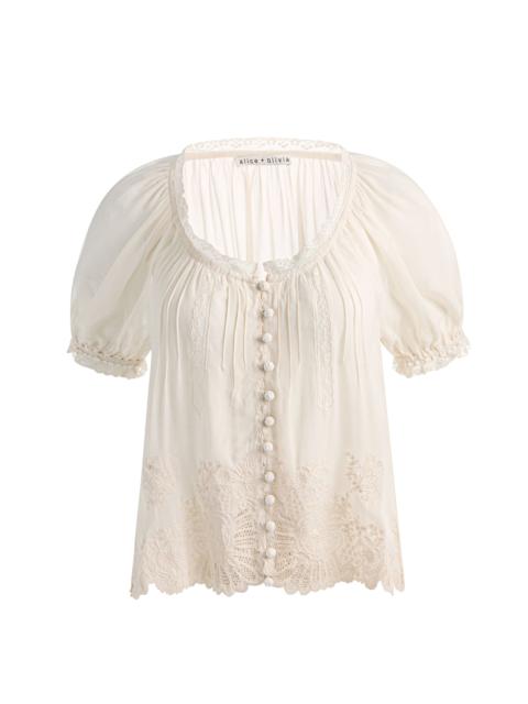 Alice + Olivia ODETTE EMRBOIDERED PUFF SLEEVE TOP - VANILLA/VANILLA