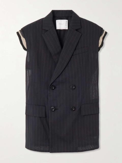 sacai Doublre-breasted canvas-trimmed pinstriped cotton-voile vest Black