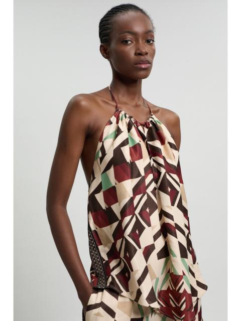 KAREN MILLEN Satin Viscose Geo Print Halterneck Top