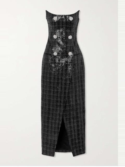 Strapless embellished sequined metallic tweed gown