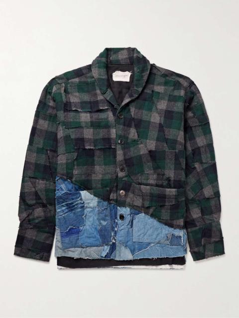 Patchwork Checked Cotton-Flannel and Distressed Denim Overshirt