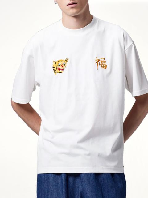 TAION Front Side Embroidery Tiger T-Shirt in Off White