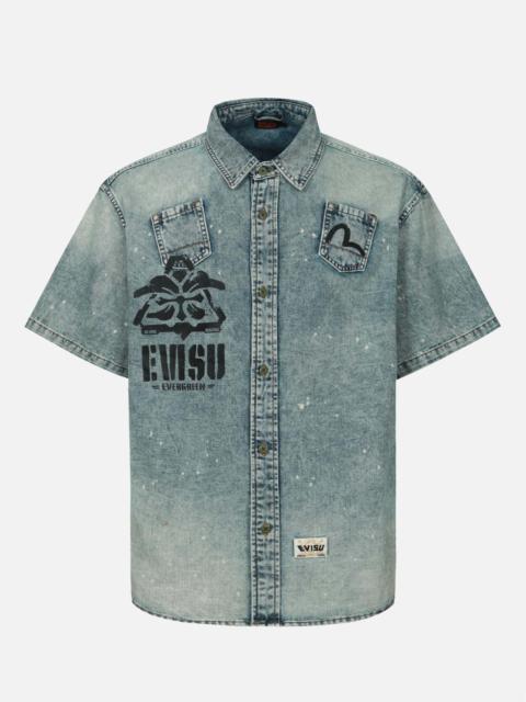 EVISU FADED-WASHED MULTI-PRINT LOOSE FIT DENIM SHIRT