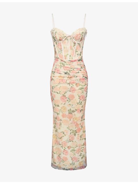 House of CB Calista Floral-Print Body-Con Stretch-Mesh Maxi Dress