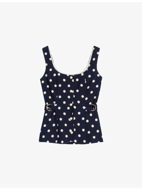 maje Polka Dot-Pattern Button-Embellished Linen-Blend Top