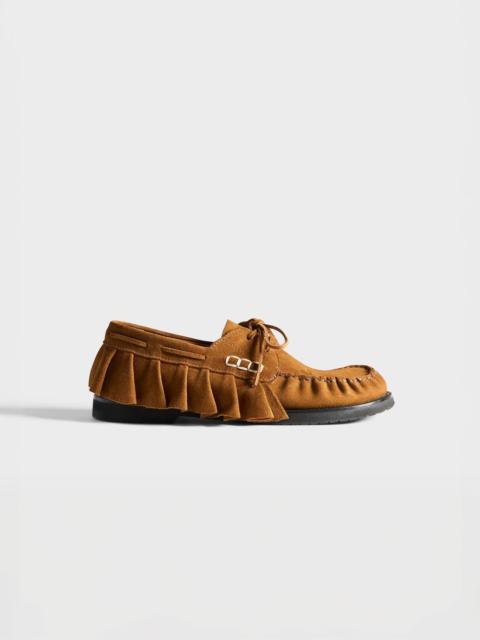 JW Anderson WOMENS LOAFER RUFFLE SUEDE BOAT SHOES IN CARAMEL