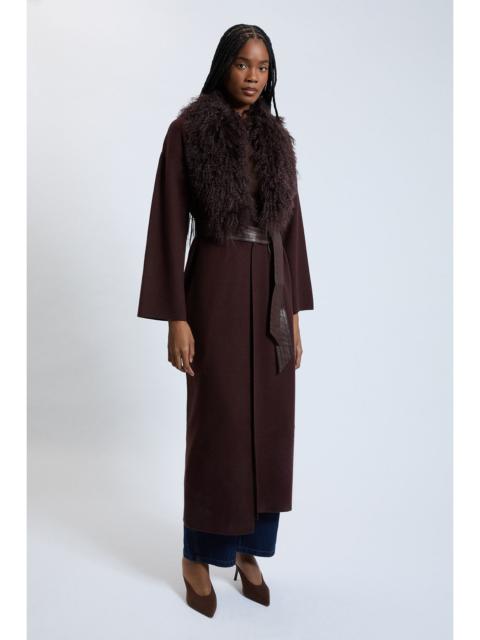 KAREN MILLEN Viscose Blend Compact Knit Shearling Removable Collar Belted Coatigan