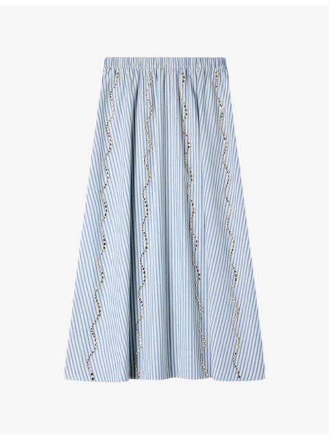 Sandro Striped Rhinestone-Embellished Cotton-Blend Maxi Skirt