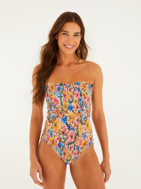 FARM RIO Multicolor Floraline Smocked Strapless One-Piece Swimsuit