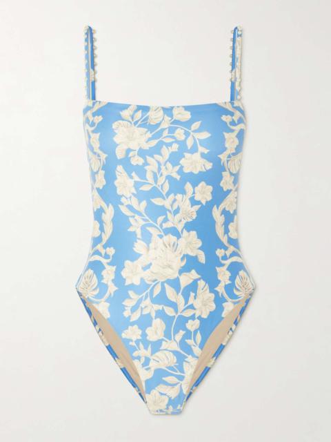 Agua by Agua Bendita Durazno Madera bead-embellished floral-print recycled swimsuit Blue