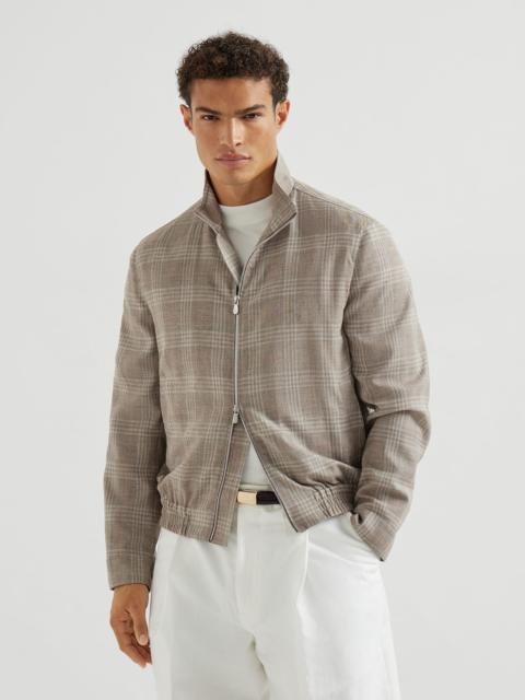 Wool, silk and linen tartan outerwear jacket with stand collar