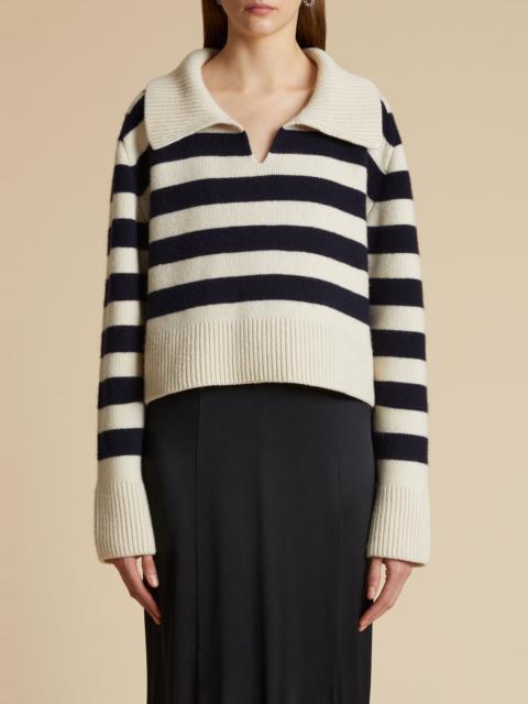 KHAITE The Franklin Sweater in Magnolia with Navy Stripes