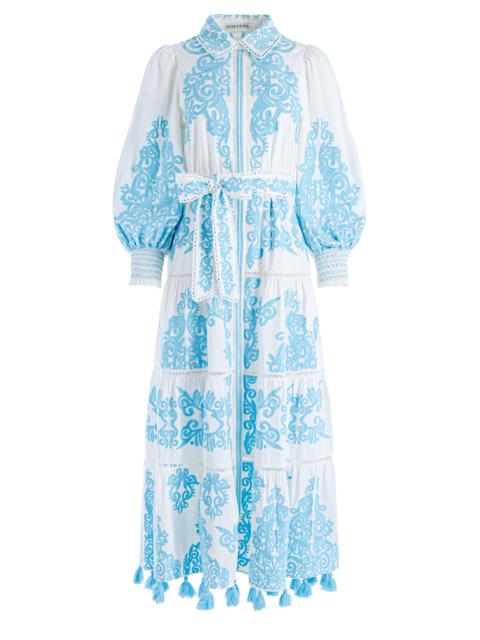 Alice + Olivia SHIRA EMBROIDERED MIDI TIERED DRESS