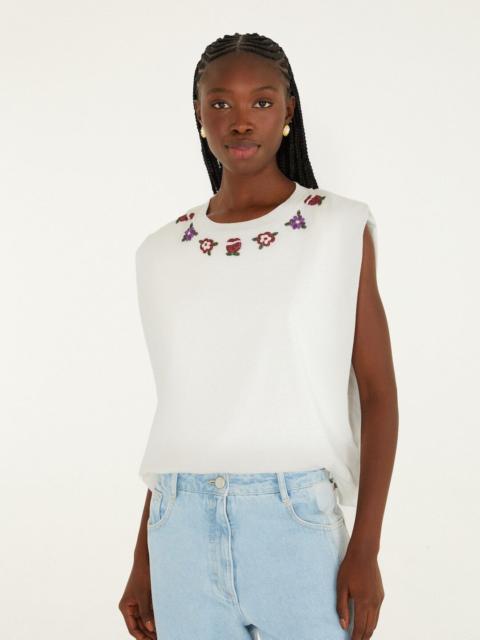 FARM RIO Off-White Beaded Flowers T-Shirt