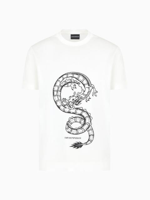 Armani Sustainability Values Lyocell-blend jersey T-shirt with dragon embroidery