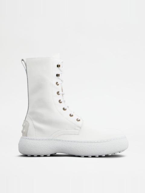 Tod's TOD'S W. G. LACE-UP ANKLE BOOTS IN CANVAS AND LEATHER - OFF WHITE